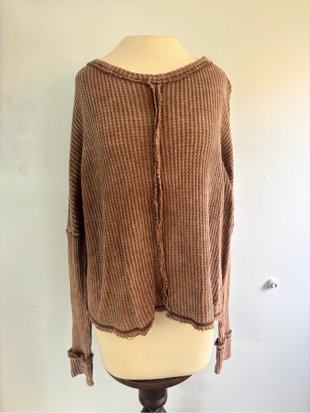 Zenana Outfitters raw hem Waffle-Knit Brown Sweater